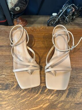 Strappy Square-Toe Heels in Light Beige
